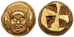 Ancient Coins Mysia, Kyzikos. Electrum Hekte (2.66 g), ca. 550-450 BC. Head of Silenos facing between two tunnies. Reverse: Quadripartite incuse square. Von Fritze I 77; SNG BN 208. Well struck for th
