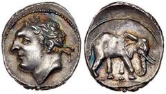 Ancient Coins Zeugitania, Carthage. Silver 1/2 Shekel (3.44 g), ca. 220-205 BC. Second Punic War issue. For the Sicilian campaign, ca. 213-210 BC. Laureate head of Melkart left. Reverse: Elephant adva