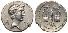 Ancient Coins Augustus. Silver Drachm (3.64 g), 27 BC-AD 14. Masicytes in Lycia, ca. 27-20 BC. Λ - Y, bare head of Augustus right. Reverse: MA, two lyres; between, grain ear. Troxell 122; RPC I 3309c.