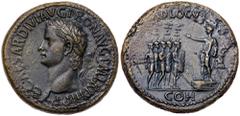 Ancient Coins Gaius Caligula. Æ Sestertius (28.42 g), AD 37-41. Rome. C CAESAR DIVI AVG PRON AVG PM TR P III P P, laureate head of Caligula left. Reverse: ADLOCVT above, COH in exergue, Caligula, toga