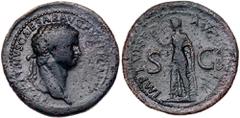 Ancient Coins Claudius. Æ Sestertius (23.16 g), AD 41-54. Rome, restitution issue under Titus. TI CLAVDIVS CAESAR AVG P M TR P IMP P P, laureate head of Claudius right. Reverse: IMP T VESP AVG REST ar