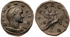 Ancient Coins Diva Paulina. Æ Sestertius (18.69 g), died ca. AD 235. Rome, under Maximinus I, AD 236. DIVA PAVLINA, veiled and draped bust of Paulina right. Reverse: CONSECRATIO around, S C acoss fiel