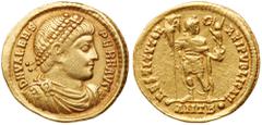 Ancient Coins Valens. Gold Solidus (4.41 g), AD 364-378. Antioch, AD 366/7. D N VALENS PER F AVG, diademed, draped and cuirassed bust of Valens right. Reverse: RESTITVTOR REIPVBLICAE, emperor standing