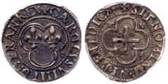 World Crowns and Minors France. Essai d'argent du denier tournois ND-D (Lyon). Laf-939; Ciani-1398. Silver. Charles IX, 1560-1574. Two lilies in a double trilobe, + CAROLVS. VIIII. DG. FRAN. REX. Reve