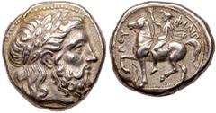 Ancient Coins Kingdom of Macedon. Philip II, 359-336 BC. AR Tetradrachm (14.13 g) minted at Amphipolis, c. 356-348 BC. Laureate head right of Zeus. Reverse: Philip, wearing kausia, riding horse pacing