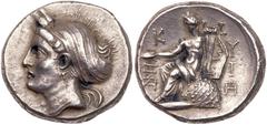 Ancient Coins Mysia, Kyzicus, c. 400 BC. Silver Tetradrachm (14.28 g). Head of Kore Soteira left, wreathed with grain, veil wound around hair, wearing ampyx, triple pendant earring, and pearl necklace