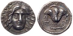 Ancient Coins Rhodos, Rhodes. Silver Didrachm (6.81 g). ca. 230-205 BC. Eukrates, magistrate. Radiate head of Helios facing slightly to right. Reverse: POΔION, rose with bud to right; anchor in left f