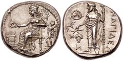 Ancient Coins Cilicia, Nagidos, c. 375-365 BC. AR Stater (10.71 g). Aphrodite enthroned left, holding phiale over circular altar before her; behind her, Eros standing left, holding up branch. Reverse: