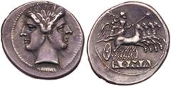 Ancient Coins Anonymous Coinage. AR Quadrigatus (Didrachm) minted at Rome, c. 225-216 BC. Laureate head of beardless Janus. Reverse: Quadriga driven right by Jupiter with Victory behind. Cr. 28/3. Min