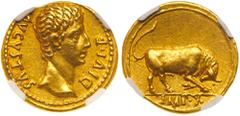 Ancient Coins Augustus, 27 BC - AD 14. Gold Aureus (7.85 g) minted at Lugdunum, 15-13 BC. Bare head right of Augustus. Reverse: Bull butting right. RIC 166a [as R2]; BMC 450. Three very light, pin-siz