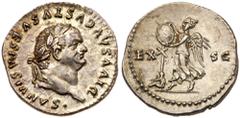 Ancient Coins Vespasian, AD 69-79. AR Denarius minted posthumously at Rome by Titus, AD 80-81. Laureate head right of the deified Vespasian. Reverse: Victory advancing left, placing shield on trophy; 