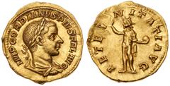 Ancient Coins Gordian III. Gold Aureus (4.42 g), AD 238-244. Rome, 241-243. IMP GORDIANVS PIVS FEL AVG, laureate, draped and cuirassed bust of Gordian III right. Reverse: AETERNITATI AVG, Sol standing