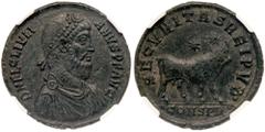 Ancient Coins Julian II, AD 360-363. AE 1 (Majorina) minted at Constantinople. Diademed, cuirassed and draped bust right of Julian II. Reverse: Bull standing right; above, two stars. RIC 162. NGC grad