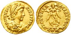 Ancient Coins Theodosius I, AD 379-395. Gold Tremissis (1.36 g) minted at Mediolanum (Milan, Italy), AD 383-388. Diademed, cuirassed and draped bust right of Theodosius I. Reverse: Victory advancing r
