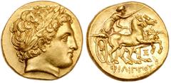 Peh Family Collection Macedonian Kingdom. Philip II. Gold Stater (8.60 g), 359-336 BC. Abydos, ca. 323-319 BC. Laureate head of youthful Apollo right. Reverse: charioteer, holding kentron and reins, d