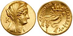 Peh Family Collection Ptolemaic Kingdom. Arsinöe II, wife of Ptolemy II. Gold octadrachm (27.84 g), Died 270 BC. Alexandria, under Ptolemy VI-VIII, ca. 180-116 BC. Diademed and veiled head of Arsinöe 