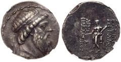 Ancient Coins Parthian Kingdom. Mithradates I. Silver Tetradrachm (15.62 g), 164-132 BC. Seleukeia on the Tigris, circa 141/0 BC. Diademed and draped bust of Mithradates I right. Reverse: BAΣIΛEΩΣ MEΓ