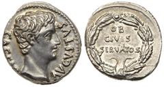 Ancient Coins Augustus. Silver Denarius (3.96 g), 27 BC-AD 14. Tarraco(?), ca. 19 BC. CAESAR AVGVSTVS, bare head of Augustus right. Reverse: OB CIVIS SERVATOS, in three lines within oak wreath with ti