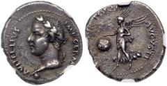 Ancient Coins Vitellius, 69-69 AD. Silver Denarius (3.59g). Tarraco(?), perhaps October-20 December AD 69. A VITELLIVS IMP GERMAN, laureate head of Vitellius left, globe at point of bust. Reverse: VIC