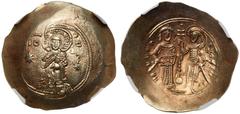 Ancient Coins Manuel I Comnenus. Electrum Aspron Trachy (3.90 g), 1143-1180. Constantinople, c. 1160-1164. IC XC, Christ Pantokrator standing facing on low daïs; stars flanking. Reverse: MANЧHΛ O / ΘE