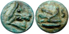 Ancient Coins Central Italy, Uncertain. Aes Grave Semis 55 mm (176.07 g), 3rd century BC. Bull's head facing right. Reverse: Prow to right with acrostolium; to right, S. ICC 276; HN Italy 359. Uniform