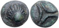 Ancient Coins Apulia, Venusia. Aes Grave Teruncius 42 mm (23.60 g), ca. 215 BC. Scallop shell. Reverse: Three crescents; [VE]. ICC 355; HN Italy 711 (same). Dark green patina. Struck in high relief. V