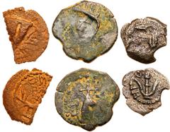 Ancient Coins Herodian Dynasty. Herod Archelaus, 4 BCE to 6 CE. Lot of 3 Bronzes. Consists of: Prutah. Hendin 6224, TJC 69b. Very Fine; 2-Prutah. Hendin 6225, TJC 70ev. War galley sailing right, oars 
