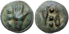 Ancient Coins Anonymous. AE Aes Grave Quadrans 43 mm (27.15 g), ca. 280 BC. Rome. Right hand; to left, three pellets. Reverse: Two barley grains; between, three pellets. Crawford 14/4; ICC 29; HN Ital