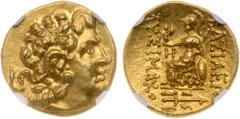 Ancient Coins Pontic Kingdom. Mithradates VI, 120-63 B.C. Gold Stater (8.29 g). Mint of Callatis. Lysimachus type. Laureate bust of Alexander III facing right. Reverse: BAΣIAEΩ AYΣIMAΧ. Athena seated 