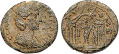 Ancient Coins Tyre in Phoenicia. Salonina. Æ 27 (12.65 g), Augusta, AD 254-268. CORNE SALONINA AVG, diademed and draped bust of Salonina right. Reverse: COL TVRO MET, hexastyle temple with actuated li