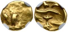 Ancient Coins Gaul, Morini (?). Circa 1st Century BC. Gold Quarter Stater (1.42 g). Boat with occupants (?). Reverse: Tree-like object. NGC graded VF; Strike: 3/5, Surface: 3/5. scratches. Rare. Estim