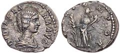 Ancient Coins Didia Clara, daughter of Didius Julianus, AD 193. Silver Denarius (2.9g). Rome mint, as Augusta. Draped bust of Didia Clara facing r. Reverse: Hilaritas standing left holding long palm a