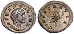 Ancient Coins Paulina, wife of Maximinus I, ca. AD 238 Silver Denarius (3.47g). Diva Paulina veiled and draped bust r. Reverse: CONSECRATIO. Paulina, holding sceptre, seated l. on peacock flying r. C-