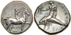 Calabria, Taras, 302-281 BC. AR Nomos (or Didrachm; 7.91 g). EF Calabria, Taras, 302-281 BC. AR Nomos (or Didrachm; 7.91 g). Boy riding right, crowning prancing horse. Reverse: Taras holding tripod, a