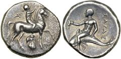 Calabria, Tarentum (Taras) c. 272-235 BC. AR Nomos (or Didrachm; 6.3 g). VF Calabria, Tarentum (Taras) c. 272-235 BC. AR Nomos (or Didrachm; 6.3 g). Boy riding right, crowning prancing horse; bearded 