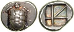 Aigina 457-431 BC. AR Stater (12.24 g). EF Aigina 457-431 BC. AR Stater (12.24 g). Land tortoise with segmented shell. Reverse: Refined skew pattern incuse. SNG Delepierre 1545; cf. Dewing 1690. A mag
