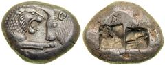 Kingdom of Lydia, Time of Kroisos, 560-546 BC. AR Double Siglos (or Stater; 10.57 g). EF Kingdom of Lydia, Time of Kroisos, 560-546 BC. AR Double Siglos (or Stater; 10.57 g). Foreparts of lion and bul
