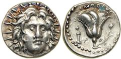 Islands off Karia, Rhodos, 304-189 BC. AR Didrachm (6.68 g). EF Islands off Karia, Rhodos, 304-189 BC. AR Didrachm (6.68 g). Radiate head of Helios three-quarters to right. Reverse: Rose with bud; abo