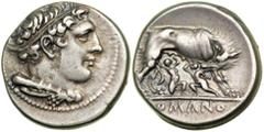 Roman Republic. Anonymous moneyer. AR Didrachm minted at Rome, 270-265 BC Roman Republic. Anonymous moneyer. AR Didrachm minted at Rome, 270-265 BC. Diademed head right of young Hercules, lion's skin 