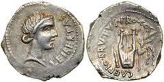 Roman Imperatorial Period. Brutus. AR Denarius minted in Lycia, 42 BC. EF Roman Imperatorial Period. Brutus. AR Denarius minted in Lycia, 42 BC. Head right of Libertas. Reverse: Lyre between quiver an