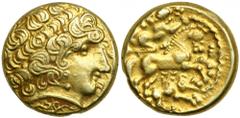 Celtic Gaul. Aulerci Eburovices. 2nd century BC. Gold ½ Stater (3.82 g). Laureate head of Apollo right. Reverse: Horse with rider right, wolf (?) below. LT 7170; Cf. Scheers 281 (¼ stater). Very Rare.