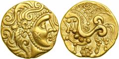 Celtic Gaul. Parisii. Gold Stater (7.29g) struck late 2nd to early 1st century BC. Sills Mint B, Class 1a. Male head right, face surrounded by beaded filaments, star amidst swirling hair behind, cross