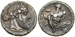 Sicily, Naxos, c. 460 BC. AR Tetradrachm (16.42 g). Bearded head of Dionysos right, wearing wreath of ivy, hair tied in bunch behind head. Reverse: N-AXI-ON, nude and ithyphallic Silenos squatting fac