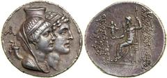 Syria (Seleucid Kingdom). Alexander I Balas, 150-145 BC. AR "Marriage" Tetradrachm (17.01g) minted at Ake, c. 150 BC. Jugate busts right of Cleopatra Thea as Tyche, diademed, veiled, and wearing kalat