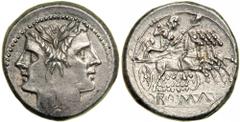 Anonymous Coinage. AR Quadrigatus (or Didrachm; 6.72 g) minted at Rome, c. 225-212 BC. Laureate head of beardless Janus. Reverse: Quadriga driven right by Jupiter with Victory behind. Cr. 28/3. Toned.