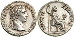 Augustus, 27 BC-AD 14. AR Denarius minted at Lugdunum, AD 13-14. Laureate head right of Augustus. Reverse: Female (Livia?) seated right, holding scepter and branch. RIC 220 [as R2]; BMC 545; C. 223. E