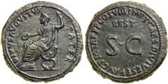 Augustus, 27 BC-AD 14. AE Sestertius minted at Rome by Titus, AD 80-81. Radiate figure of Augustus seated left in curule chair, holding wreath and scepter. Reverse: Inscription around "REST" and "S C"