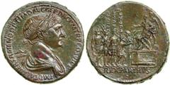 Trajan, AD 98-117. AE Sestertius minted at Rome, winter AD 114-early 116. Laureate and draped bust right of Trajan. Reverse: Trajan seated left on platform with prefect behind, extending right hand; b