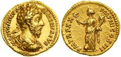 Marcus Aurelius, AD 161-180. Gold Aureus (7.25 g) minted at Rome, December AD 165-Summer AD 166. Laureate, cuirassed and draped bust right of Marcus Aurelius. Reverse: Felicitas standing left, holding