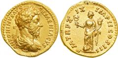 Marcus Aurelius, AD 161-180. Gold Aureus (7.2g) minted at Rome, AD 164-165. Laureate, draped, cuirassed bust right of Marcus Aurelius. Reverse : Felicitas standing left, holding caduceus and cornucopi